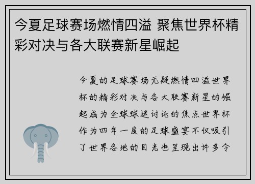 今夏足球赛场燃情四溢 聚焦世界杯精彩对决与各大联赛新星崛起